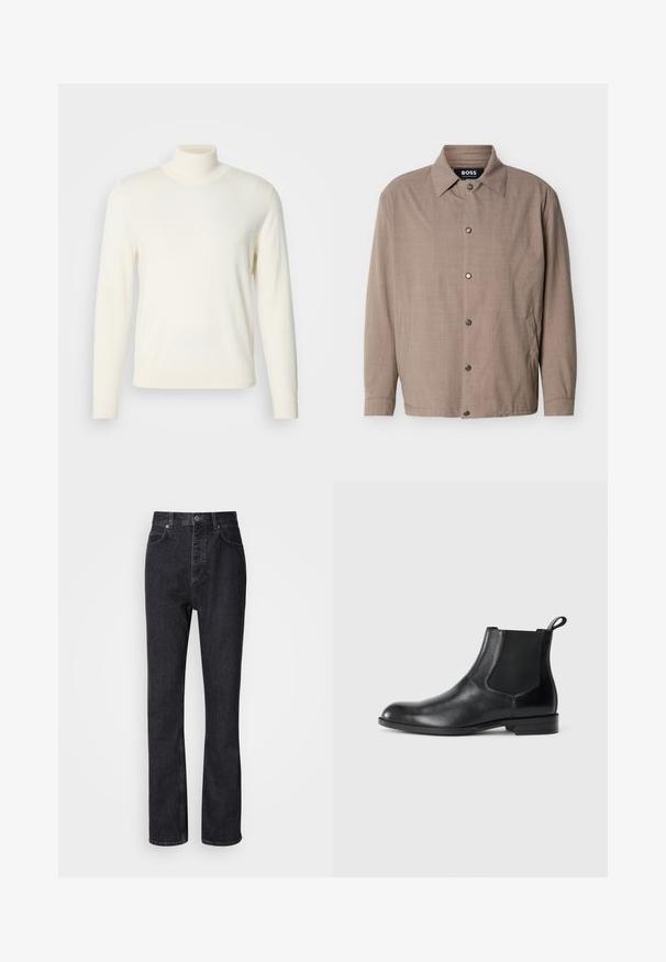 Beige herrejakke med krave, lange ærmer, trykknapper foran og sidelommer, mærket "BOSS" indeni kraven.; Lys cremefarvet turtleneck sweater lavet af blødt stof, med lange ærmer og en tætsiddende silhuet, uden synlige mønstre eller udsmykninger.; Høj talje sorte denim jeans med knap- og lynlåsåbning, for- og baglommer samt lige ben.; Sorte læder ankelstøvler med elastiske sidepaneler, rund tå og en trækloft. Glat tekstur, flad sål, minimalistisk design.
