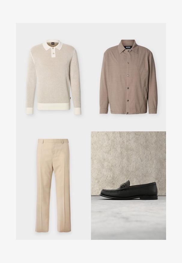Veste beige pour homme avec col, manches longues, boutons-pression sur le devant, et poches latérales, étiquetée "BOSS" à l'intérieur du col.; Pull polo beige en maille texturée à manches longues avec col blanc, deux boutons, poignets et ourlet côtelés.; Pantalon beige sur mesure avec passants pour ceinture, pli devant et fermeture éclair dissimulée, présenté sur un fond uni.; Mocassin en cuir noir avec détail de mors en métal, présenté au-dessus d'un tapis beige, avec une table ronde marron en arrière-plan.