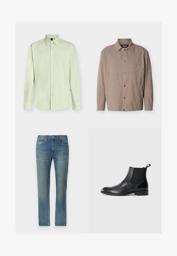 Veste beige pour homme avec col, manches longues, boutons-pression sur le devant, et poches latérales, étiquetée "BOSS" à l'intérieur du col.; Chemise boutonnée à manches longues vert clair avec col et logo discret « BOSS » sur la poitrine, présentée sur un fond uni.; Jean en denim bleu clair avec une coupe droite. Design standard à cinq poches et fermeture par bouton avec des accents de couture sur les coutures.; Bottine en cuir noir avec des panneaux latéraux élastiques, bout rond et tirette. Texture lisse, semelle plate, design minimaliste.