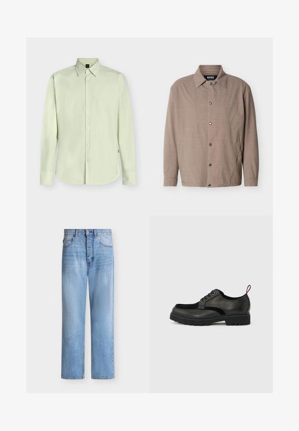 Veste beige pour homme avec col, manches longues, boutons-pression sur le devant, et poches latérales, étiquetée "BOSS" à l'intérieur du col.; Chemise boutonnée à manches longues vert clair avec col et logo discret « BOSS » sur la poitrine, présentée sur un fond uni.; Jean droit en denim bleu clair avec fermeture par bouton et zip, poches avant et arrière, et passants de ceinture à la taille.; Chaussure noire en cuir à lacets avec semelle épaisse crantée et languette rouge à l'arrière, vue de profil sur un fond gris clair.