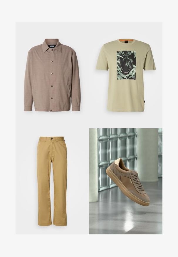 Chaqueta beige para hombre con cuello, mangas largas, botones a presión en la parte delantera y bolsillos laterales, con la etiqueta "BOSS" en el interior del cuello.; Camiseta verde oliva de algodón, con un gráfico de pantera negra rodeado de follaje. Logo de la marca presente en el diseño.; Pantalones beig confeccionados en una tela suave, con un ajuste estándar, dos bolsillos laterales y un cierre de botón en la cintura.; Zapatilla deportiva beige casual con cordones y logo "BOSS" flotando sobre un suelo de hormigón pulido con fondo de pared de bloques de vidrio.