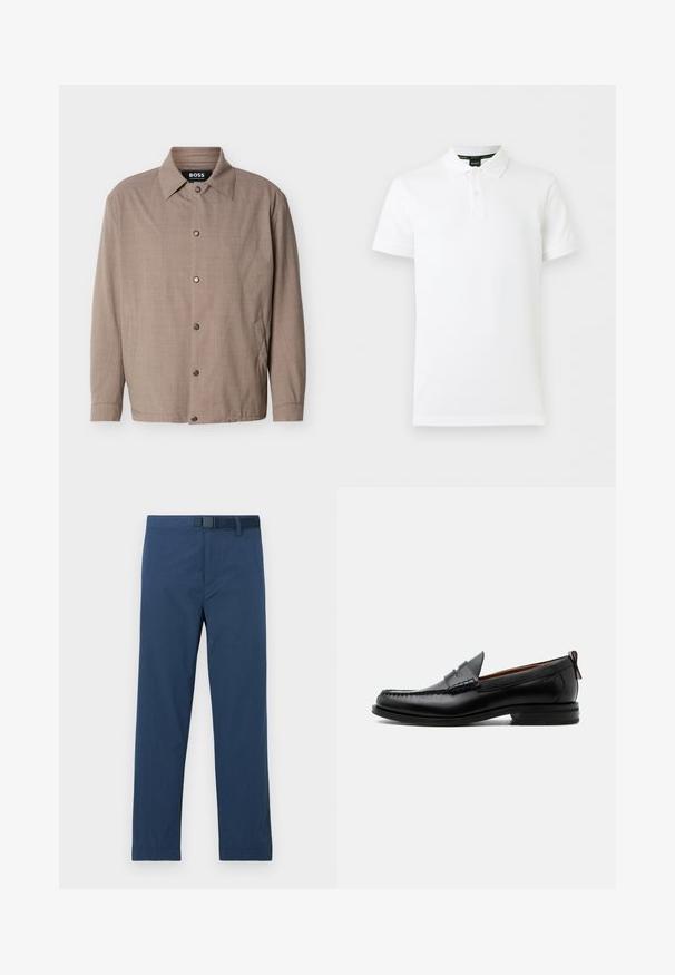 Veste beige pour homme avec col, manches longues, boutons-pression sur le devant, et poches latérales, étiquetée "BOSS" à l'intérieur du col.; Polo blanc à manches courtes avec col et patte à deux boutons, présentant un logo subtil sur le côté gauche de la poitrine.; Pantalon bleu marine en tissu lisse, avec une coupe régulière, des jambes droites et une fermeture à bouton et crochet à la taille.; Mocassin homme en cuir noir avec couture moc toe, bride penny, col texturé et petit talon empilé sur fond blanc.