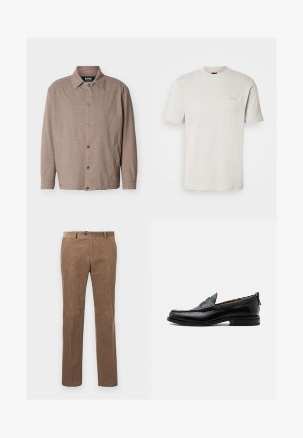 Beige herenjas met kraag, lange mouwen, drukknopen aan de voorkant en zijzakken, met het label "BOSS" aan de binnenkant van de kraag.; Effen lichtbeige T-shirt met korte mouwen en ronde hals, met een klein "BOSS"-logo geborduurd op de linkerborst.; Bruine corduroy broek met verticale ribbelstructuur, recht model, enkele knoopsluiting en twee voorzakken.; Zwarte leren herensloffen met moc toe stiksel, pennyriem, gestructureerde kraag en lage gestapelde hak op witte achtergrond.