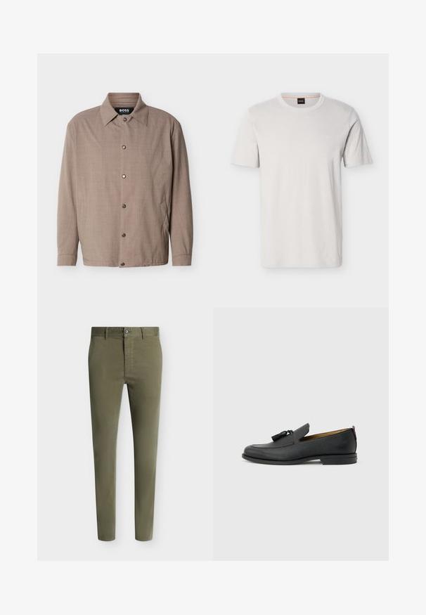 Veste beige pour homme avec col, manches longues, boutons-pression sur le devant, et poches latérales, étiquetée "BOSS" à l'intérieur du col.; T-shirt à manches courtes gris clair en tissu doux avec un col rond. Présente un logo embossé subtil sur la poitrine. Coupe classique.; Pantalon slim vert olive avec fermeture bouton et zip, passants pour ceinture et jambes fuselées sur fond clair.; Mocassin pour homme en cuir noir avec pompons, bout arrondi, petit talon et languette à l'arrière, présenté de profil sur un fond gris clair.