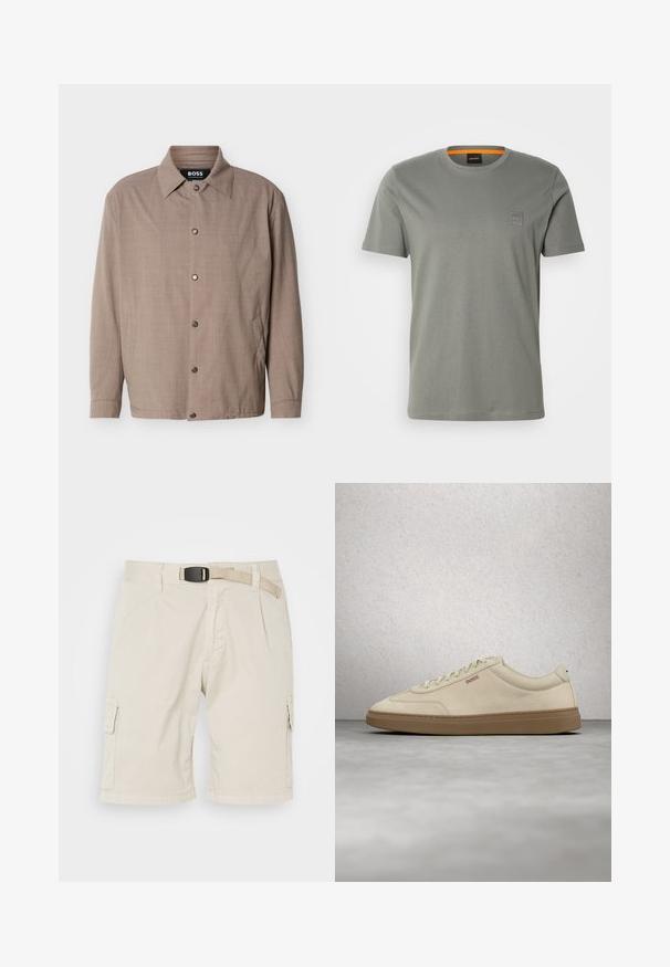 Beige herenjas met kraag, lange mouwen, drukknopen aan de voorkant en zijzakken, met het label "BOSS" aan de binnenkant van de kraag.; Grijze katoenen t-shirt met korte mouwen en een ronde hals. Heeft een klein vierkant logo-op-patch op de linker borst in een bijpassende kleur.; Beige cargoshorts met een vlakke voorkant, riemlussen, plooien, zijzakken en een gestructureerde stof. De lengte reikt tot halverwege het bovenbeen.; Lichtbeige suède sneaker met een zool van gumrubber, opvallende veters en subtiele stikdetails. Strak ontwerp met een minimalistische uitstraling.