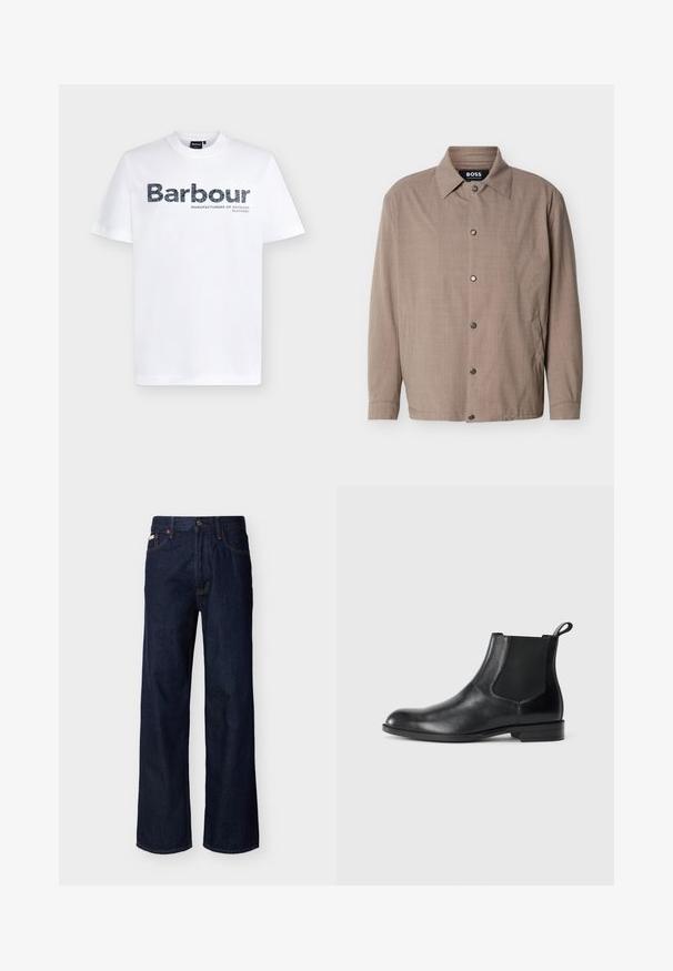 Veste beige pour homme avec col, manches longues, boutons-pression sur le devant, et poches latérales, étiquetée "BOSS" à l'intérieur du col.; T-shirt blanc à manches courtes et col rond avec le logo « Barbour » et le texte « Manufacturers of Outdoor Clothing » imprimés sur le devant.; Jean droit en denim bleu foncé avec design à cinq poches et fermeture par boutons, présenté sur un fond clair uni.; Bottine en cuir noir avec des panneaux latéraux élastiques, bout rond et tirette. Texture lisse, semelle plate, design minimaliste.
