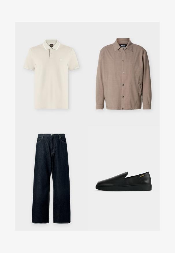 Veste beige pour homme avec col, manches longues, boutons-pression sur le devant, et poches latérales, étiquetée "BOSS" à l'intérieur du col.; Polo beige clair à manches courtes avec deux boutons, une bordure blanche sur le col et un petit logo carré sur la poitrine.; Jean en denim large bleu foncé avec fermeture à boutons et à glissière à l'avant, passants de ceinture et couture visible sur les poches et les coutures.; Chaussure noire en cuir à enfiler avec semelle épaisse et marquage "HUGO" en or près du talon sur un fond uni gris clair.