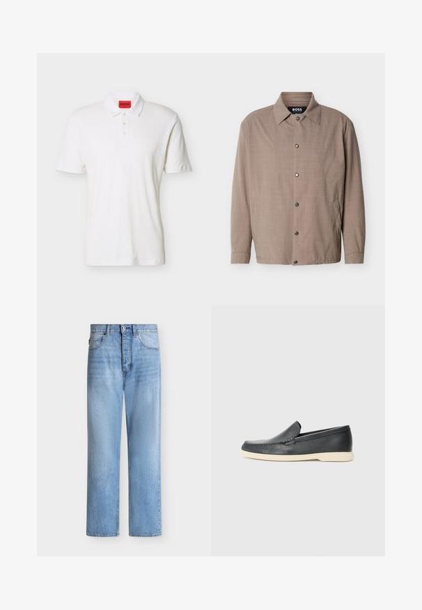 Veste beige pour homme avec col, manches longues, boutons-pression sur le devant, et poches latérales, étiquetée "BOSS" à l'intérieur du col.; Polo blanc à manches courtes avec trois boutons et une étiquette de marque HUGO rouge à l'intérieur du col.; Jean droit en denim bleu clair avec fermeture par bouton et zip, poches avant et arrière, et passants de ceinture à la taille.; Mocassin noir en cuir à enfiler avec semelle beige, positionné en suspension près d'un porte-revues en fil métallique sur un sol en terrazzo.