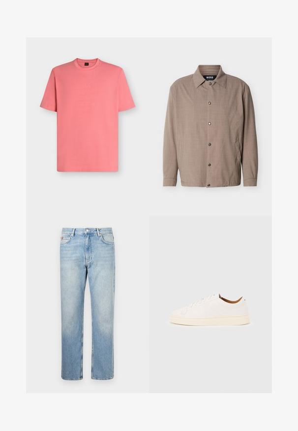Veste beige pour homme avec col, manches longues, boutons-pression sur le devant, et poches latérales, étiquetée "BOSS" à l'intérieur du col.; T-shirt rose corail à manches courtes et col rond avec un logo "BOSS" subtil brodé sur la poitrine, présenté sur un fond uni.; Jean en denim bleu clair à jambes droites avec fermeture à boutons et zip à l'avant, passants pour ceinture et design à cinq poches.; Baskets blanches basses avec un design à lacets, des détails de couture minimalistes, et une semelle couleur crème sur un fond gris clair.