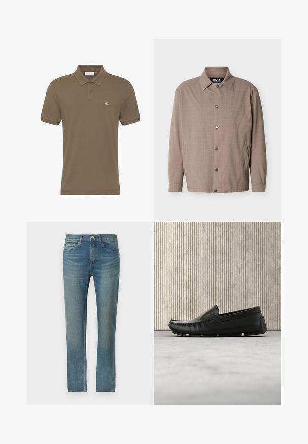 Veste beige pour homme avec col, manches longues, boutons-pression sur le devant, et poches latérales, étiquetée "BOSS" à l'intérieur du col.; Polo marron à manches courtes avec deux boutons et petit logo blanc "CK" sur la poitrine gauche.; Jean en denim bleu clair avec une coupe droite. Design standard à cinq poches et fermeture par bouton avec des accents de couture sur les coutures.; Mocassin en cuir noir flottant au-dessus d'un sol beige couvert de moquette à côté d'une table en verre arrondie de couleur ambre.