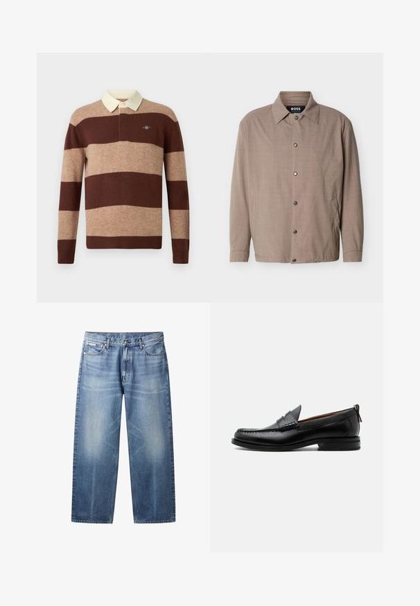 Beige Herrenjacke mit Kragen, langen Ärmeln, Druckknöpfen vorne und seitlichen Taschen, mit dem Aufdruck "BOSS" auf der Innenseite des Kragens.; Langärmliges Rugby-Shirt mit breiten horizontalen braunen und beige gestreiften Mustern sowie einem cremefarbenen Kragen, das ein kleines gesticktes Logo auf der Brust präsentiert.; Hellblaue Jeans mit geradem Bein, ausgewaschenen Bereichen, fünf Taschen, Knopfverschluss und Calvin Klein-Label an der rechten Vordertasche.; Schwarzer Leder-Herrenschuh mit Mokassinnaht, Penny-Riemen, strukturiertem Kragen und niedrigem gestapeltem Absatz auf weißem Hintergrund.