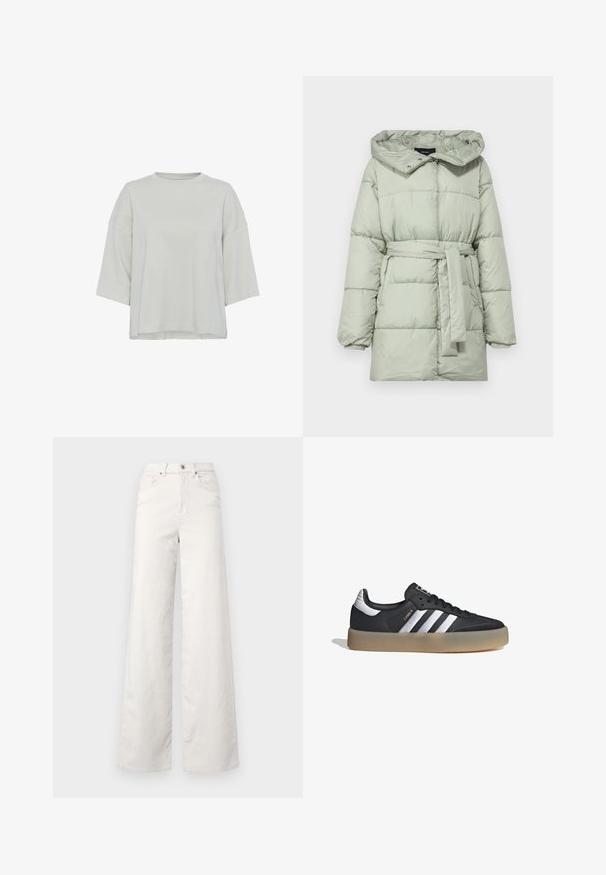 Abrigo acolchado de color verde claro con cinturón en la cintura, capucha y textura acolchada. Presenta botones a presión y un diseño de corte relajado.; Top de color gris claro, de manga corta y fabricado en tejido suave. Presenta un escote redondo y un sutil detalle de costura en el frontal. Corte regular.; ONLY Tall ONLHOPE GLOBAL HIGH WAIST WIDE - Pantalones - pumice stone; Zapatilla deportiva de cuero negro con tres rayas plateadas, punta texturizada y suela de goma. Cuenta con un collar acolchado y un diseño con cordones.