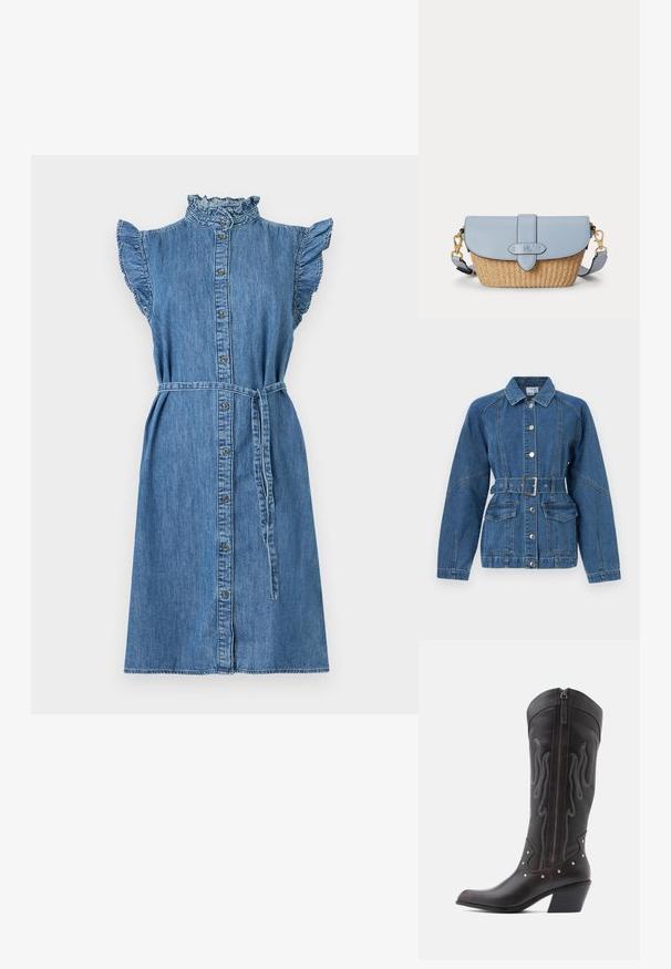 Lyseblå denimjakke med knaplukning foran, store lappelommer, bælte i taljen og spids krave med kontrastsyning.; Denimkjole med høj hals, flagrende ærmer, knaplukning foran, bæltestropp i taljen og knælangt design i lys blå. Tekstureret, afslappet stof.; Brune læder cowboystøvler med flammebroderi, sidelukning med lynlås, sølvnitter, spids snude og lagdelt hæl.; Lille crossbody-taske med fletbund af strå og lys blå læderklap samt justerbar rem med guldlåse.
