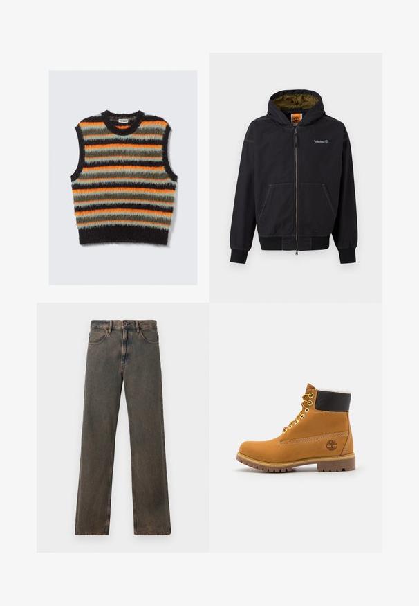 Herre-sort lynlåstrøje med hætte, forlommer, olivengrøn indvendig foer og Timberland-logo på brystet samt mærke inde i kraven.; Ærmeløs fuzzy strikvest med vandrette striber i sort, orange, olivengrøn og lysegrå, med en rund halsudskæring.; Brune vaskede lige ben jeans med forlommer, knaplukning og bæltestropper vist mod en hvid baggrund.; Brune læder ankelstøvle med metaløjer, hvid pelsforing, sort polstret krave, robust sål og præget logo på siden.