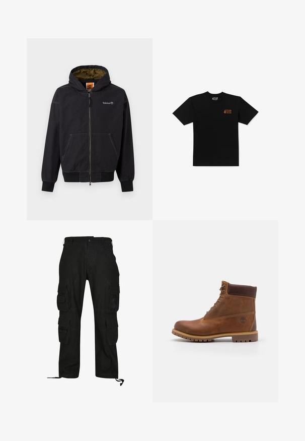 Schwarze Herrenjacke mit Reißverschluss und Kapuze, vordere Taschen, olivgrüne Innenfutter und Timberland-Logo auf der Brust sowie ein Etikett im Krageninneren.; Schwarzes Baumwoll-T-Shirt mit kurzen Ärmeln, ausgestattet mit einem kleinen orangefarbenen Logo auf der linken Brust. Einfaches Rundhalsausschnitt-Design.; Schwarze Cargo-Hosen aus strapazierfähigem Material, mit mehreren Seitentaschen, lässiger Passform und verstellbaren Fußgelenkriemen.; Braune Lederwanderschuhe mit glatter Oberfläche, gepolstertem Knöchel, Metallösen und einer Gummisohle mit robustem Profil.