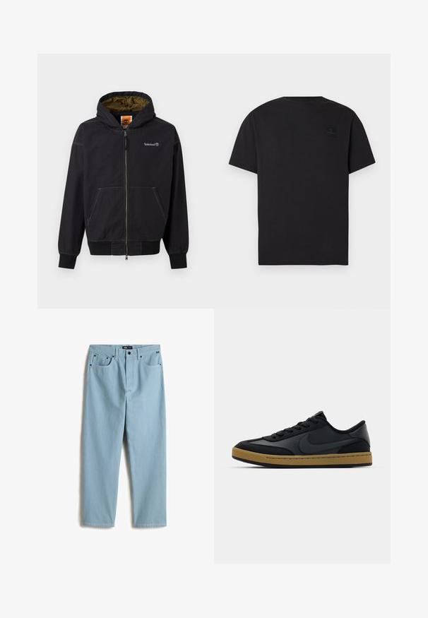 Veste à capuche noire pour homme avec fermeture éclair, poches frontales, doublure intérieure vert olive, et logo Timberland sur la poitrine ainsi que sur l'étiquette à l'intérieur du col.; T-shirt noir à manches courtes avec col rond, arborant un petit patch logo Timberland foncé sur la poitrine gauche, sur fond blanc.; Pantalon en denim bleu clair, coupe droite, avec cinq poches, des coutures contrastées discrètes et une étiquette de marque sur la taille.; Baskets en cuir noir au design bas, fermeture à lacets, semelle en caoutchouc et accents couleur gomme. Présente un logo sur le côté et des matériaux texturés.