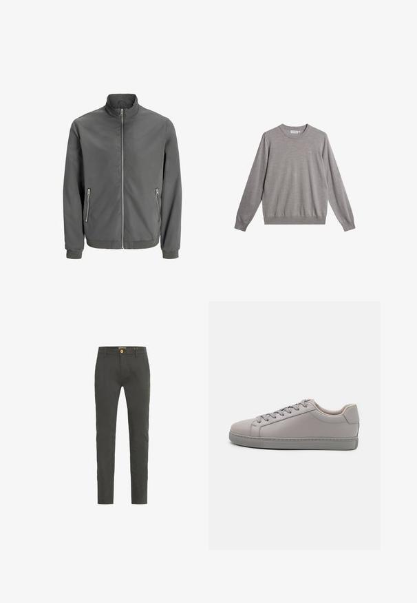 Chaqueta bomber gris hecha de tela suave y ligera. Cuenta con un cuello alto, cierre frontal con cremallera y dos bolsillos laterales con cremallera.; Suéter gris hecho de material suave, con cuello redondo, puños y dobladillo de canalé, y un logo sutil en la parte frontal.; Chinos de corte slim en gris oscuro, elaborados con una mezcla de algodón. Cuentan con un cierre de un solo botón y pasadores para cinturón. Textura suave con un detalle mínimo.; Zapatillas de cuero gris con un acabado suave, cordones planos, punta redondeada y una suela de goma gris a contraste. Diseño minimalista y textura.