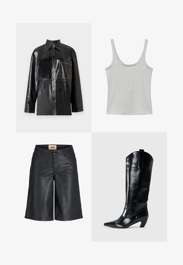 Camisa negra de imitación cuero brillante con botones, costuras blancas y un bolsillo en el pecho, mangas largas y cuello puntiagudo.; Camiseta sin mangas de color gris claro con escote redondo, hecha de un tejido suave jaspeado.; Pantalones cortos hasta la rodilla de cuero sintético negro con botón frontal, trabillas para cinturón y etiqueta JJXX en la cintura interior.; Botas de cuero negras hasta la rodilla con punta afilada, tacón bajo y detalle de costura decorativa en los laterales. Acabado suave y brillante.