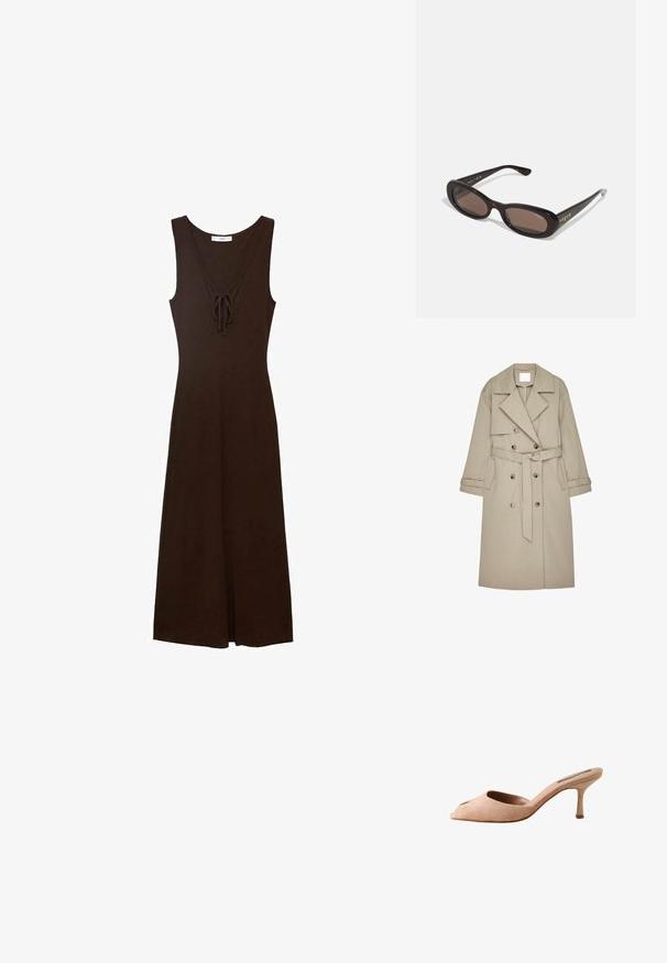 Manteau beige en tissu texturé, doté d'un avant croisé, de larges revers, d'une ceinture et de deux poches latérales.; Robe sans manches marron avec un décolleté en V, détails à nouer à l'avant et une silhouette fluide, fabriquée à partir d'un tissu lisse.; Mule beige en daim à dos ouvert, bout pointu et talon stiletto de hauteur moyenne sur fond blanc.; Lunettes de soleil en écaille de tortue avec des verres ovales, en verre teinté brun, et une marque "vogue" en métal sur les branches. Montures en plastique lisses.