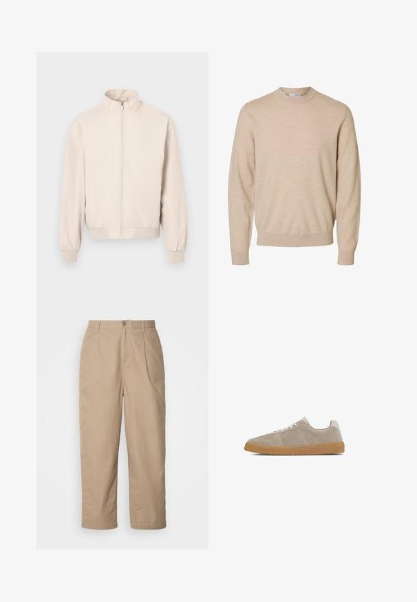 Veste légère beige clair à manches longues, col montant, fermeture éclair complète devant, poignets et taille élastiques.; Pull beige à manches longues et col rond en tissu tricoté doux, avec poignets et ourlet côtelés, conçu pour hommes.; Pantalons en coton léger beige avec un devant plissé, fermeture à bouton et jambes droites, offrant une texture lisse et sans motifs visibles.; Baskets en daim beige avec une surface texturée, des lacets blancs et une semelle en gomme, présentant un design minimaliste et des coutures uniformes.