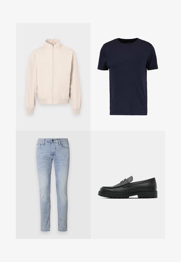 Hellbeige, leichte Jacke mit langen Ärmeln, Stehkragen, durchgehendem Frontreißverschluss, elastischen Bündchen und Bund.; Pier One T-Shirt basic - dark blue; Hellblaue Jeans im Slim-Fit-Stil mit einem Fünf-Taschen-Design und einem Reißverschluss. Sie weisen subtile Ausbleichungen und gestickte Details an den Nähten auf.; Schwarze Lederloafer mit runder Zehenform, ausgestattet mit einem gesteppten Design, niedrigem Plattformsohle und einer strukturierten, genoppten Gummisohle.