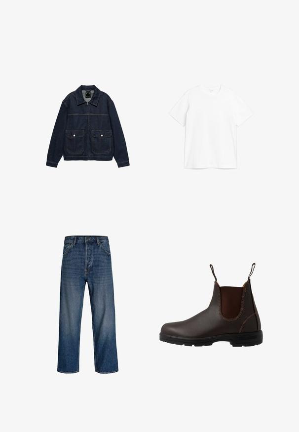 Veste en jean bleu foncé avec fermeture éclair sur le devant, deux poches à rabat avec boutons, et un col classique.; T-shirt en coton blanc avec un col rond et des manches courtes. Le tissu semble lisse avec un design classique et droit.; Jean en denim avec une coupe droite, couleur bleu foncé et délavage subtil. Comprend cinq poches et une fermeture à bouton.; Botte Chelsea en cuir marron avec panneau latéral élastique, coutures marron, languettes de tirage, et une semelle en caoutchouc durable avec un motif texturé.