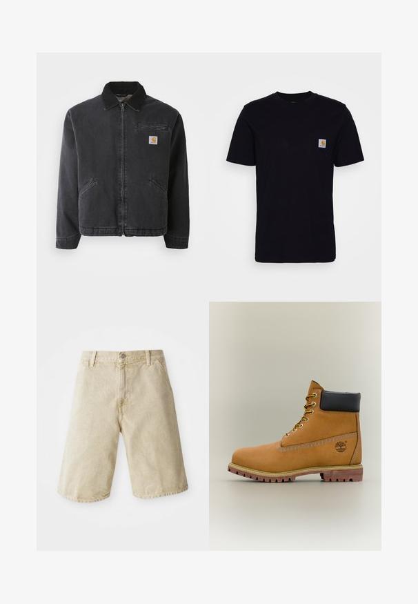 Veste en denim foncé avec une fermeture éclair, un col pointu, des poches avant et un petit logo en patch sur la poitrine gauche. Coupe décontractée et tissu texturé.; T-shirt en coton noir à manches courtes, col rond et poche poitrine avec un petit patch logo carré. Design simple et uni.; Shorts en denim beige avec une coupe droite, cinq poches, fermeture à bouton et zip à l'avant, et un léger délavage sur le tissu.; Bottine en cuir marron avec col noir, lacets jaunes et semelle beige. Présente un logo et des détails de couture blanche. Semelle extérieure à traction robuste.