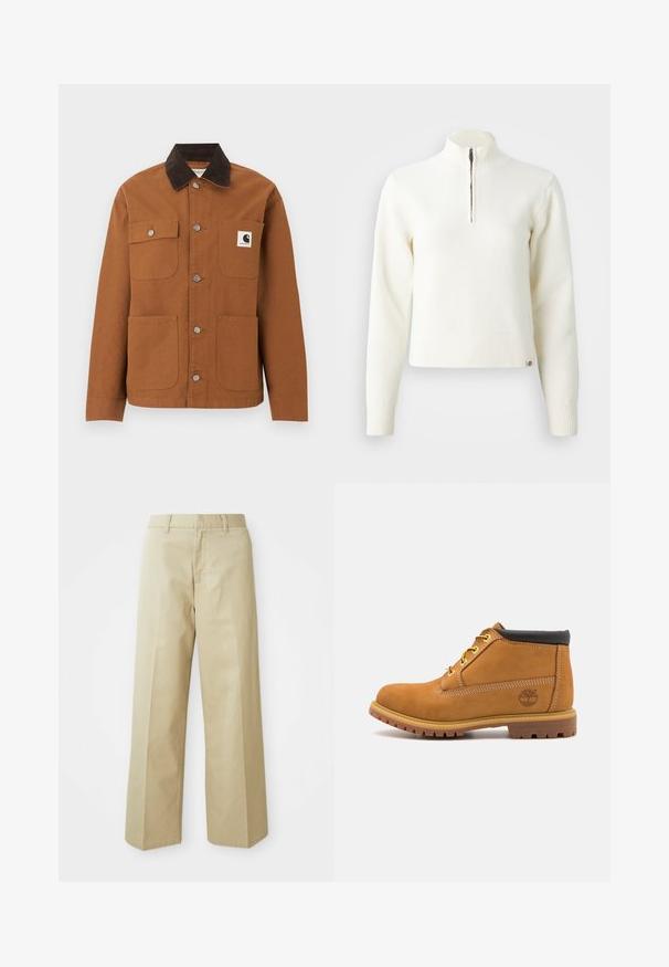 Hnedá bunda Carhartt s čiernym kordurovým golierom, štyrmi prednými vreckami vrátane jedného s logom a kovovými patentkami na prednej strane.; Biely sveter s dlhými rukávmi a zipsom pri krku. Vyrobený z mäkkej pleteniny, so žebrovanými manžetami a lemom. Prenikajúce logo značky na leme.; Béžové široké nohavice vyrobené z bavlny s hladkou textúrou. Majú rovný strih, pútka na opasok a predné vrecká.; Hnedé semišové členkové topánky s čiernym polstrovaným golierom, žltými očkami a textúrovanou gumovou podrážkou. Na boku sa nachádza potlačené logo.