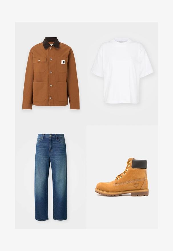 Hnedá bunda Carhartt s čiernym kordurovým golierom, štyrmi prednými vreckami vrátane jedného s logom a kovovými patentkami na prednej strane.; Biela bavlnená tričko s okrúhlym výstrihom, krátkymi rukávmi a voľným strihom. Obsahuje jemné logo na ľavej strane hrude. Hladká textúra.; Modré džíny z denimu, široký strih nohavíc, stredne vysoký pás, jemné vyblednutie, pätich vreciek, s gombíkom a zipsom na zapínanie, rovný lem.; Hnedé kožené členkové topánky s čiernym polstrovaním, zlatými očkami a štruktúrovanou podrážkou. Obsahujú kruhové logo na boku a akcenty v podobe šitia.