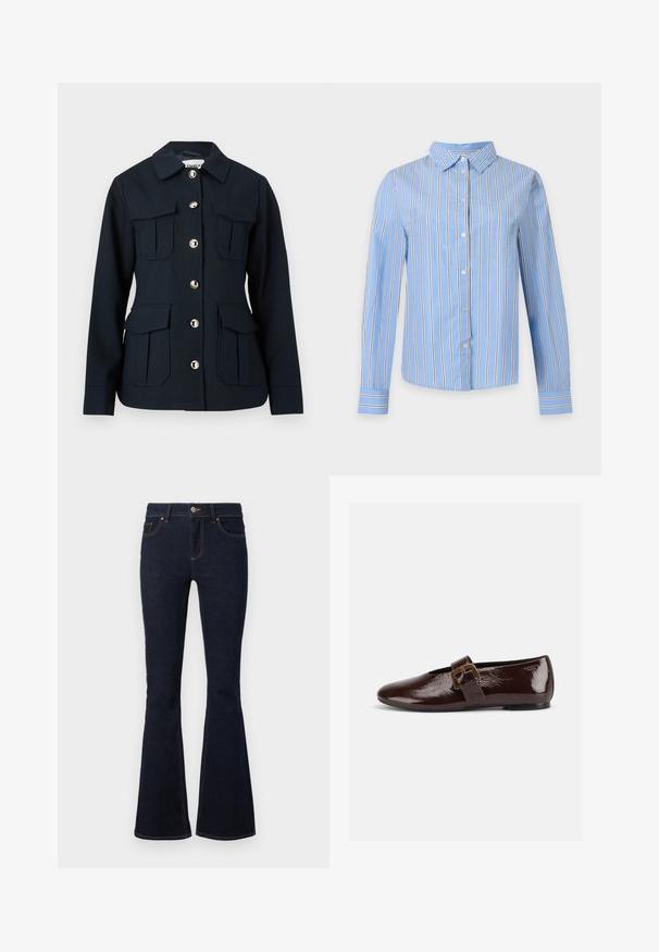 Veste bleu marine à manches longues, fermeture à boutons sur le devant, quatre grandes poches à rabat, et col classique.; Chemise bleu clair à manches longues avec des rayures verticales blanches, noires et grises, boutonnée à l'avant, col classique et poignets rayés assortis.; Jean évasé bleu marine en denim, avec une taille ajustée, un design classique à cinq poches et des coutures contrastantes le long des coutures.; Chaussure plate en cuir verni marron foncé avec une large bride à boucle dorée et un bout arrondi, présentée de profil sur fond blanc.