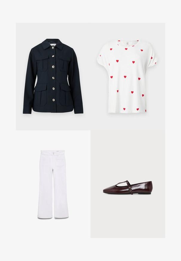 Veste bleu marine à manches longues, fermeture à boutons sur le devant, quatre grandes poches à rabat, et col classique.; Chemise blanche à manches courtes avec col rond, décorée de petits motifs de cœurs rouges uniformément espacés sur le devant et les manches.; Pantalon blanc taille haute à jambes larges avec poches plaquées devant, passants de ceinture et fermeture double bouton sur fond blanc uni.; Chaussure plate en cuir bordeaux foncé avec un bout pointu et une fine bride en T avec une boucle argentée sur fond blanc.