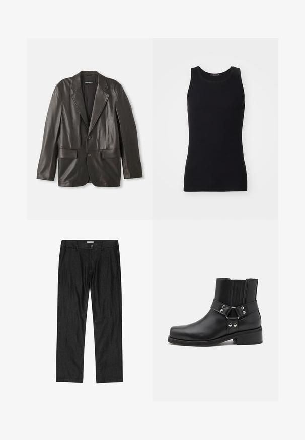Sort læderblazer med klapkraver, to knapper og klaplommer, lagt fladt mod en hvid baggrund.; Sort tanktop lavet af et glat, strækbart materiale. Har en rund halsudskæring og ingen ærmer, med en tætsiddende pasform og enkelt design.; Herre sorte bukser med lige ben, foran med knap, lynlås og sidelommer, vist fladt på hvid baggrund.; The Kooples CHAUSSURES - Cowboy- / bikerstøvlette - black