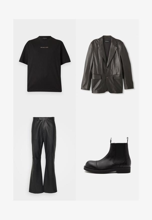 Sort læderblazer med klapkraver, to knapper og klaplommer, lagt fladt mod en hvid baggrund.; Sort t-shirt med korte ærmer og rund hals med "MICHAEL KORS"-logo centreret i lille guldtekst på brystet.; Emporio Armani EXCLUSIVE TROUSERS - Skindbukser - nero; Sort læder Chelsea-støvle med rund tå, elastiske sidepaneler, stropper foran og bagpå, flad sål, vist fra siden på hvid baggrund.