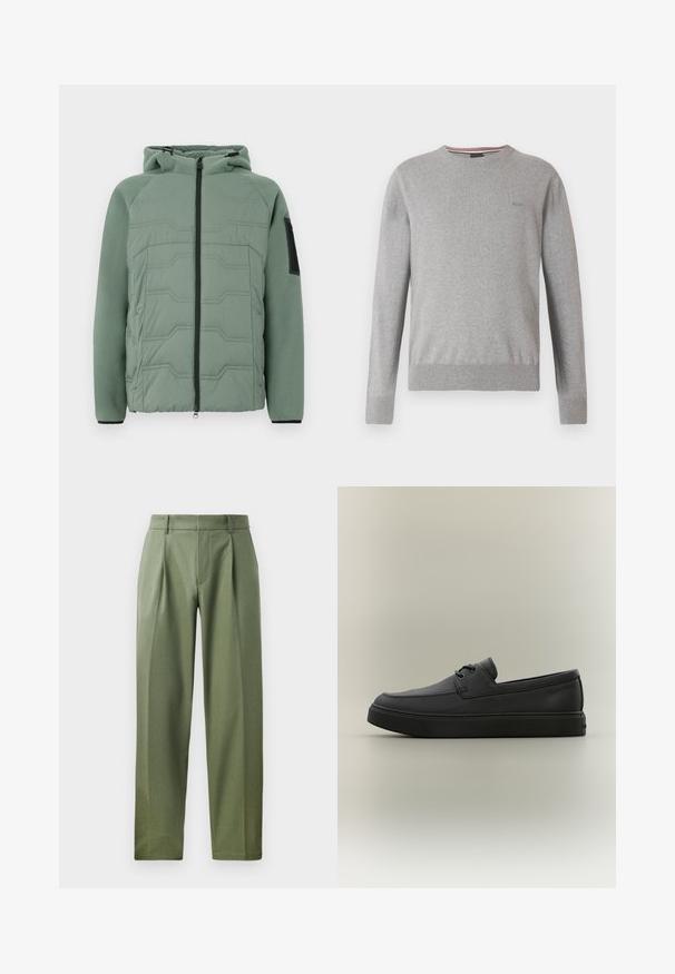 Veste rembourrée verte avec capuche, présentant un devant texturé, une fermeture éclair, deux poches avant et un accent noir sur la manche gauche.; Pull gris avec col rond, manches longues, poignets et ourlet côtelés, avec un logo discret sur la poitrine et des accents rayés au niveau de l'encolure.; Pantalons sur mesure en tissu vert olive avec une texture lisse, présentant deux plis avant, des passants de ceinture et une coupe droite.; Mocassin décontracté en cuir noir avec des détails de laçage et une semelle en caoutchouc épaisse, présenté de profil sur un fond neutre.