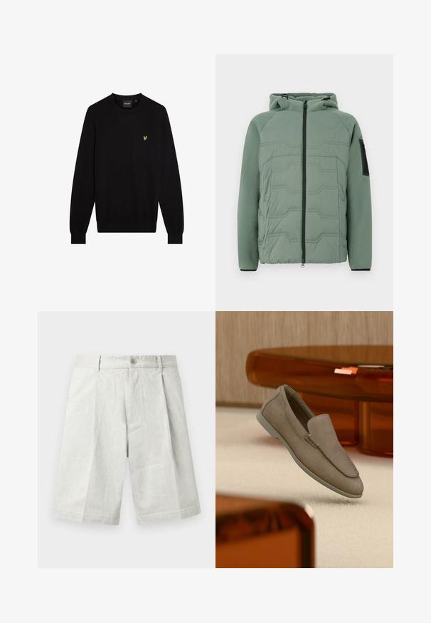Veste rembourrée verte avec capuche, présentant un devant texturé, une fermeture éclair, deux poches avant et un accent noir sur la manche gauche.; Pull noir en tissu doux, avec un col rond et des manches longues. Petit logo jaune brodé sur le côté gauche de la poitrine.; Shorts gris clair en tissu texturé, dotés d'une fermeture à bouton, de plis et d'une coupe droite, adaptés à une tenue décontractée.; Mocassin beige en daim à enfiler avec coutures visibles et semelle claire, positionné au-dessus d'un tapis crème, avec un meuble translucide orange en arrière-plan.