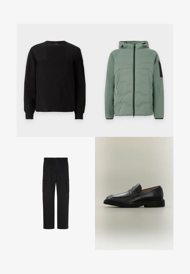 Groene gevoerde jas met een capuchon, met een gestructureerde voorkant, ritssluiting, twee voorke pockets en een zwart accent op de linker mouw.; Zwarte gebreide trui met ribbeltextuur, ronde halslijn en lange mouwen. Heeft een subtiel paneelontwerp en een klein logo op de mouw.; Zwarte cargo broek met rechte pijpen, elastische tailleband, knoopsluiting en twee klepzakken aan de zijkanten.; Zwarte leren herenloafer met een lage hak en een banddetail over het bovenwerk, getoond in profiel op een neutrale achtergrond.