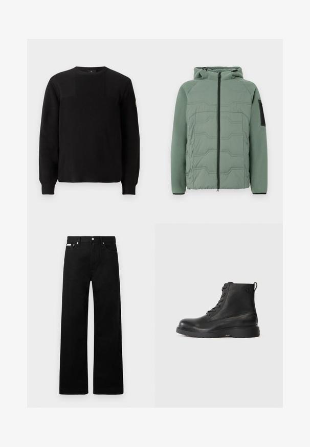Chaqueta acolchada verde con capucha, con un frente texturizado, cierre de cremallera, dos bolsillos frontales y un detalle negro en la manga izquierda.; Suéter negro de punto con textura acanalada, cuello redondo y mangas largas. Presenta un diseño de panel sutil y un pequeño logo en la manga.; Pantalones de mezclilla negros con un diseño de pierna ancha, que cuentan con cinco bolsillos y herrajes de botón metálico. Textura suave, sin patrones visibles.; Botín negro de tobillo hecho de cuero texturizado con punta redonda, diseño con cordones y una resistente suela de goma negra. Presenta un lazo en el talón.
