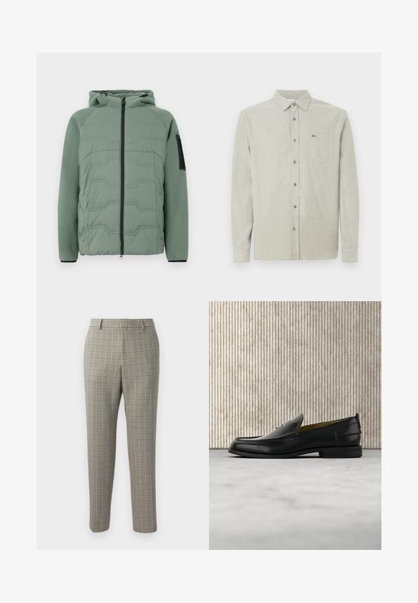 Groene gevoerde jas met een capuchon, met een gestructureerde voorkant, ritssluiting, twee voorke pockets en een zwart accent op de linker mouw.; Lichtbeige lange mouw knopshirt met kraag, borstzak met een klein groen krokodillenlogo.; Broek in een lichtbeige stof met een geruit patroon in donkerbruin en marineblauw, met een rechtlopende snit en een standaard tailleband.; Zwarte leren herenslipper met een krokodillen-embossed voorblad en een lage hak, zij-aanzicht op een neutrale achtergrond.