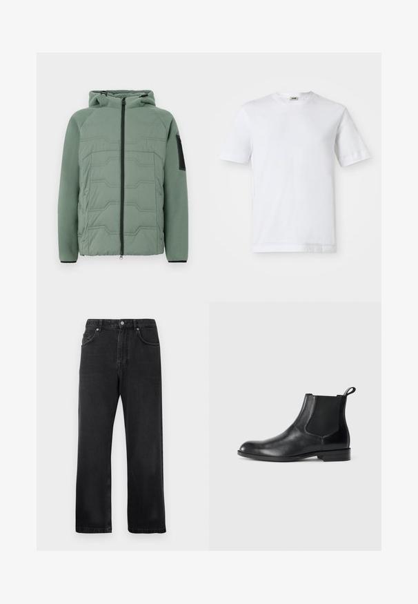 Grüne gepolsterte Jacke mit Kapuze, mit einer strukturierten Vorderseite, Reißverschluss, zwei Fronttaschen und einem schwarzen Akzent am linken Ärmel.; Weißes Baumwoll-T-Shirt mit kurzen Ärmeln, Rundhalsausschnitt und glatter Textur. Keine Muster oder Akzente sind sichtbar.; Schwarze gerade geschnittene Jeans mit Vordertaschen, Gürtelschlaufen und einem Knopfverschluss auf weißem Hintergrund.; Schwarze Leder-Stiefelette mit elastischen Seiteneinsätzen, abgerundeter Zehenpartie und einem Zugschlauf. Glatte Textur, flache Sohle, minimalistisches Design.