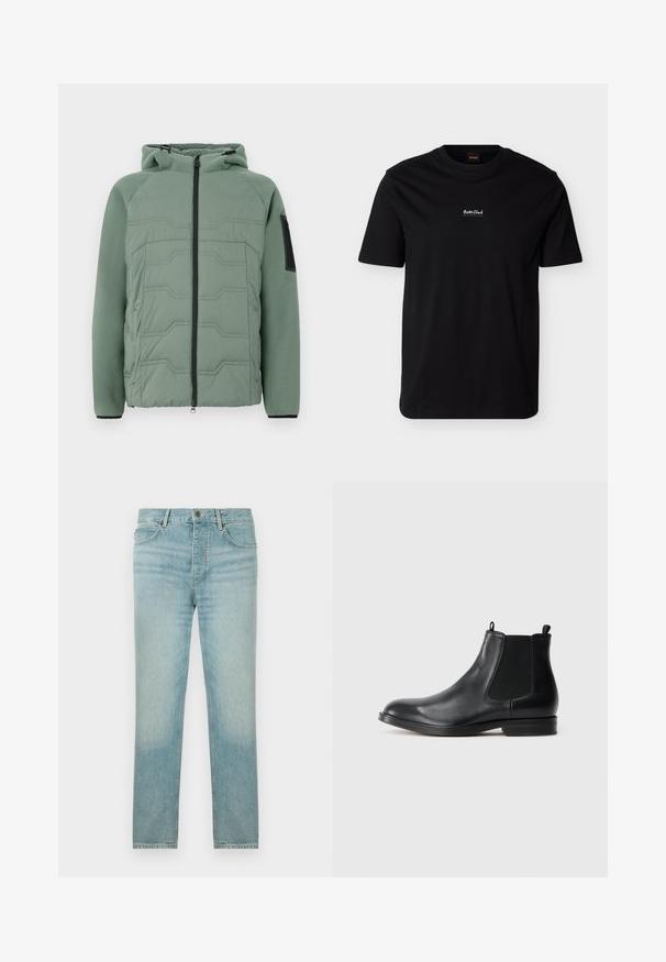 Grøn polstret jakke med hætte, der har en tekstureret front, lynlås lukning, to forlommer og en sort detalje på venstre ærme.; Sort kortærmet t-shirt med rund hals, med lille hvid "Boss Club" tekst centreret på brystet og et orange "Boss" mærke inde i kraven.; Lyseblå denim jeans med lige ben, der har en falmet vask, fem-lomme design og frontknaplukning.; Sorte læder Chelsea støvler med elastiske sidepaneler, rund tå, trækstrop og en lav blokhæl. Glat tekstur og minimalistisk design.