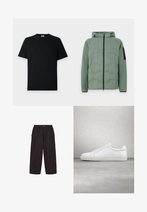 Grüne gepolsterte Jacke mit Kapuze, mit einer strukturierten Vorderseite, Reißverschluss, zwei Fronttaschen und einem schwarzen Akzent am linken Ärmel.; Schwarzes T-Shirt mit kurzem Arm und Rundhalsausschnitt, flach auf einem weißen Hintergrund liegend, mit einem kleinen Markenlabel im Kragen.; Schwarze Hose mit weitem Bein, Vordertaschen, Gürtelschlaufen und Knopfverschluss an der Taille.; Weißer Sneaker mit glattem Lederobermaterial und niedrigem Profil. Verfügt über eine runde Zehenpartie, sechs Ösen und eine strukturierte Gummisohle.