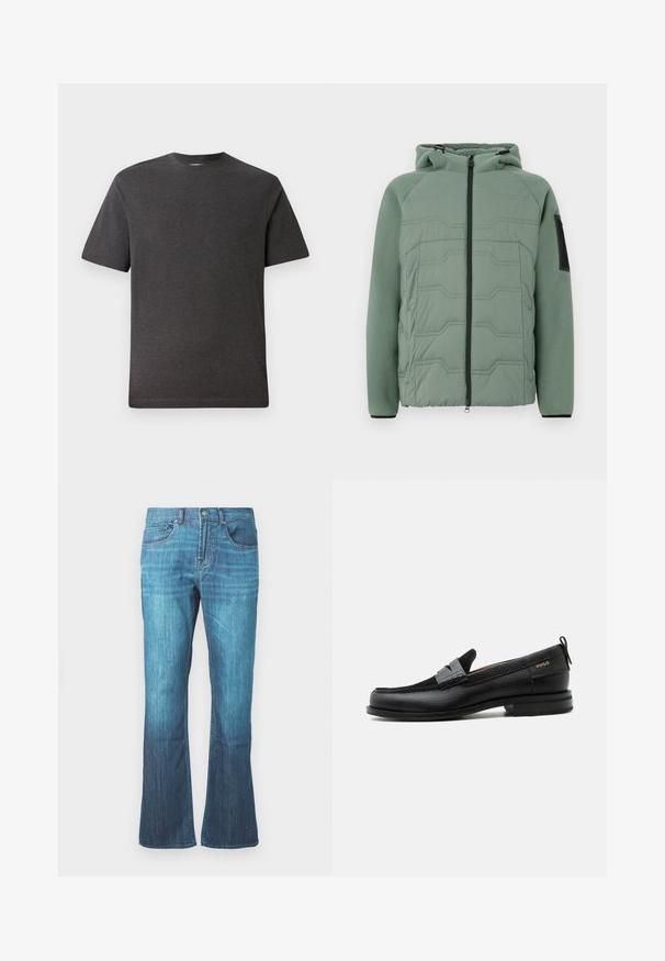 Groene gevoerde jas met een capuchon, met een gestructureerde voorkant, ritssluiting, twee voorke pockets en een zwart accent op de linker mouw.; Grijze t-shirt met korte mouwen, gemaakt van een zachte, lichte stof, met een ronde hals en minimale naden. Geschikt voor casual gebruik.; Mid-blue gewassen denim jeans met een lichte flare aan de onderkant, klassieke vijf-pocket ontwerp, en een sluiting met knoop en rits aan de voorkant.; Zwarte leren loafer met grijs riemdetailelement, lage hak en gestructureerde zool, aan de zijkant gebrandmerkt met "HUGO" in goud.