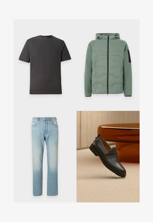Chaqueta acolchada verde con capucha, con un frente texturizado, cierre de cremallera, dos bolsillos frontales y un detalle negro en la manga izquierda.; Camiseta de manga corta gris, hecha de una tela suave y ligera, con cuello redondo y costuras mínimas. Apta para uso casual.; Jeans de color azul claro hechos de denim, con un diseño de pierna recta, estructura de cinco bolsillos y efecto de lavado desgastado en los muslos.; Mocasín de cuero negro con tacón bajo flotando sobre una alfombra beige, junto a una mesa brillante de color ámbar en una habitación minimalista.