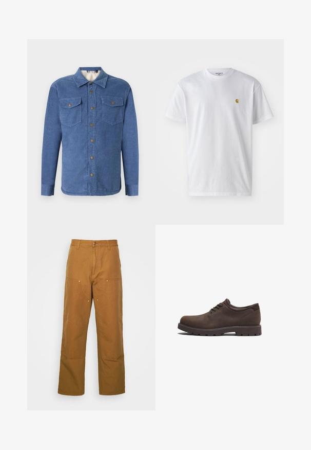 Blauwe corduroy overhemd met een knoopsluiting aan de voorkant, twee borstzakken en een zachte voering. Heeft een kraag en lange mouwen met knoopmanchetten.; Witte katoenen t-shirt met korte mouwen en ronde hals, voorzien van een klein gouden logo op de linkerkant van de borst. Zachte textuur en een normale pasvorm.; Bruine katoenen utility broeken met een rechte pijpdesign, voorzien van voorzakken en metalen hardware accenten voor extra duurzaamheid.; Bruine leren schoenen met een ronde neus en vetersluiting. Voorzien van een gestructureerd oppervlak en een rubberen zool met hoge grip. Subtiel logo aan de zijkant.