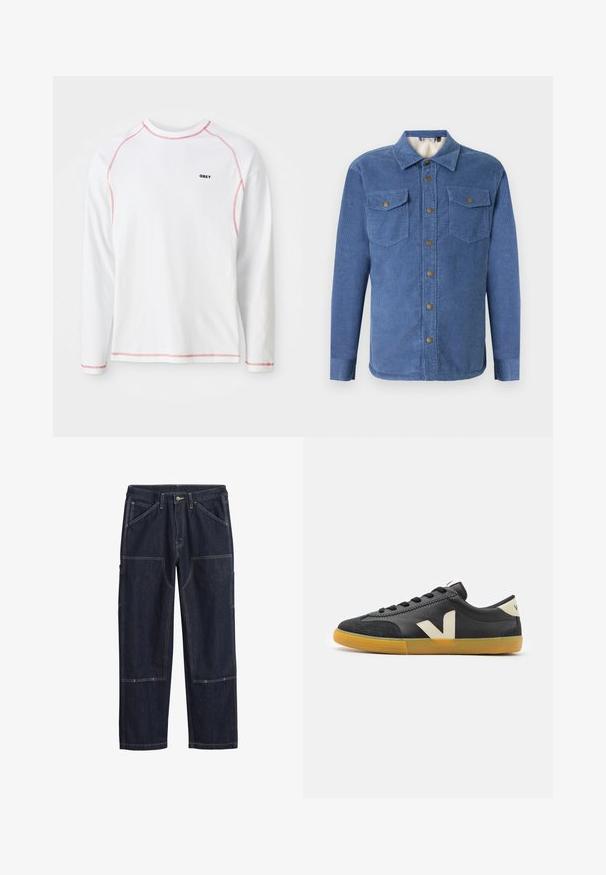 Blauwe corduroy overhemd met een knoopsluiting aan de voorkant, twee borstzakken en een zachte voering. Heeft een kraag en lange mouwen met knoopmanchetten.; Witte lange mouwen t-shirt met rode stiksels en een klein zwart "OBEY" logo op de borst. Gemaakt van katoen, met een ronde hals.; Donkerblauwe spijkerbroek met dubbele stiksels, een knoop aan de voorkant, riemlussen en meerdere versterkte opgestikte zakken op de benen.; Zwarte sneakers met een bovenwerk van glad leer, witte "V"-logo en accenten, vetersluiting en een gumrubberen zool. Low-top stijl, minimalistisch ontwerp.