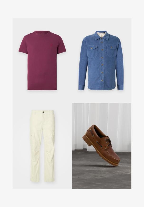 Blaues Cordhemd mit Knopfleiste, zwei Brusttaschen und einem weichen Innenfutter. Verfügt über einen Kragen und lange Ärmel mit Knopfmanschetten.; Burgunderfarbenes T-Shirt mit kurzen Ärmeln aus Baumwolle, mit Rundhalsausschnitt und einem kleinen gestickten Logo auf der linken Brust. Glatte Textur.; Beige Cargo-Hosen aus leichtem Stoff, mit Seitentaschen, Knopfverschluss und geradem Bein. Glatte Textur mit maßgeschneiderten Nähten.; Brauner Leder-Bootsschuh mit schwarzen Schnürsenkeln, beigen Nähten und einer robusten Sohle, schwebt über einem grauen Betonboden.