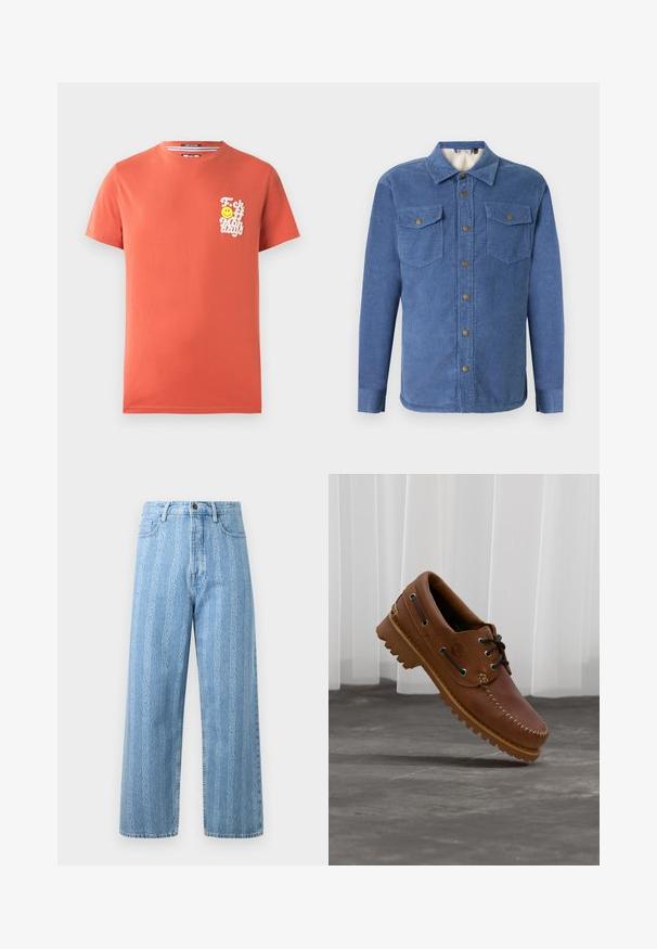 Blauwe corduroy overhemd met een knoopsluiting aan de voorkant, twee borstzakken en een zachte voering. Heeft een kraag en lange mouwen met knoopmanchetten.; Korte mouwen t-shirt in koraalkleurige katoen. Bevat een witte grafische opdruk met tekst en een glimlachend gezicht op de linkerkant van de borst. Ronde halslijn.; Lichtblauwe denim jeans met een wijd uitlopende pasvorm, voorzien van een herhalend kettingpatroon. Klassieke vijf-pocketstijl en metalen knoopdetail.; Bruine leren bootschoen met zwarte veters, beige stiksel en een robuuste zool, zwevend boven een grijze betonnen vloer.