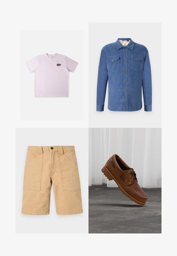 Blauwe corduroy overhemd met een knoopsluiting aan de voorkant, twee borstzakken en een zachte voering. Heeft een kraag en lange mouwen met knoopmanchetten.; Roze katoenen T-shirt met korte mouwen, met een klein meerkleurig logo op de linkerborst. Eenvoudig, ontspannen ontwerp.; Khaki shorts van katoen met een grove textuur, voorzien van twee voorkruipzakken en een knoopsluiting bij de taille.; Bruine leren bootschoen met zwarte veters, beige stiksel en een robuuste zool, zwevend boven een grijze betonnen vloer.