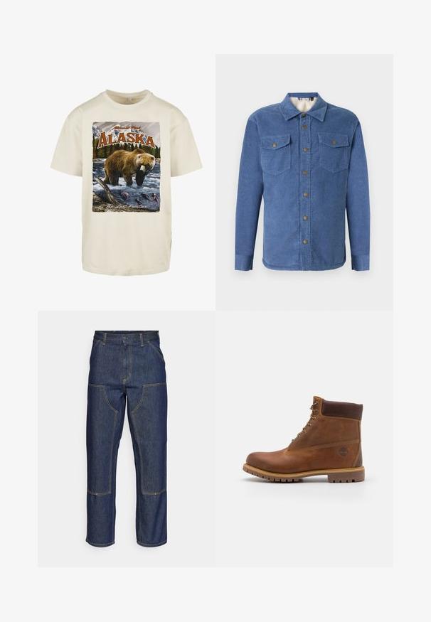 Camisa de pana azul con cierre de botones en la parte delantera, dos bolsillos en el pecho y un forro suave. Presenta un cuello y mangas largas con puños de botón.; Camiseta de algodón color crema con una impresión gráfica de un oso pardo en el agua, montañas y árboles, con "Alaska" y "La Última Frontera."; Jeans de mezclilla azul oscuro con cintura alta, diseño de pierna recta, costuras contrastantes y bolsillos de parche en la parte delantera.; Botas de senderismo de cuero marrón con un acabado suave, tobillo acolchado, ojales de metal y suela de goma con un patrón de tracción robusto.