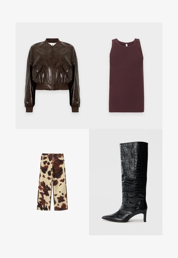 Blouson aviateur court en similicuir marron foncé, doté d'une fermeture éclair, de poignets côtelés et de deux poches latérales inclinées avec boutons-pression.; Débardeur côtelé sans manches de couleur brun foncé avec un col rond, posé à plat sur un fond gris clair.; Pantalon à jambes larges avec motif en cuir de vache marron et crème, fermeture éclair à cinq boutons, poches avant et coutures visibles.; Bottes noires montantes, avec une texture brillante à motif crocodile, bout pointu et talon effilé. Matériau synthétique lisse.